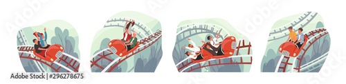People ride roller coaster flat vector illustrations set. Friends and colleagues cartoon characters. Amusement park visitors having fun. Emotional, thrilling experience, active recreation concept.