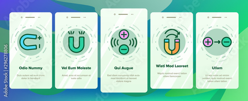 Magnet Power Onboarding Mobile App Page Screen Set Vector Thin Line. Negative And Positive, Magnetic Power, Steel Magnet And Compass Linear Pictograms. Contour Illustrations