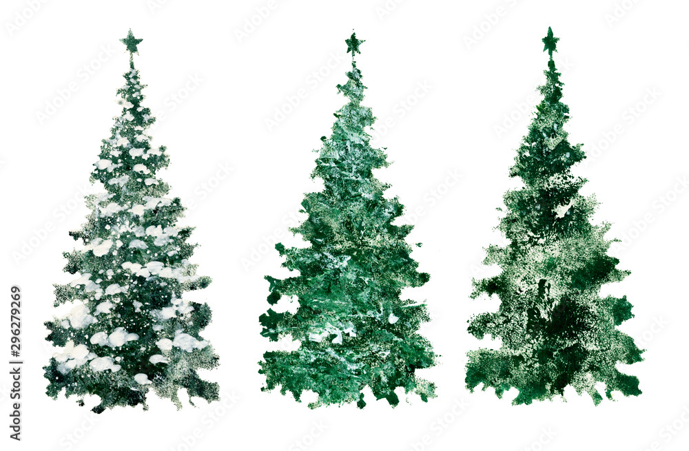 Set of green Christmas trees, silhouettes of trees, elements for needlework and design. Collection of colorful trees for creating greeting cards.