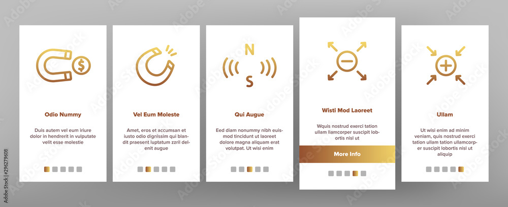 Magnet Power Onboarding Mobile App Page Screen Set Vector Thin Line. Negative And Positive, Magnetic Power, Steel Magnet And Compass Linear Pictograms. Contour Illustrations