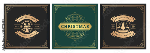 Christmas square banners vintage typographic design, ornate decorations symbols vector illustration