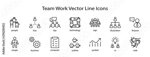 Set of Team Work Related Vector Line Icons. Contains such Icons as Handshake, Check, Idea, Coffee, Gears, Cooperation, Collaboration, Team Meeting and more. Editable Stroke. 32x32 Pixel Perfect
