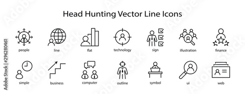 Set of Head Hunting Related Vector Line Icons. Contains such Icons as Career growth, Bulb, Candidate, Search, CV, Card Index, Outsource and more. Editable Stroke. 32x32 Pixel Perfect