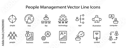 Set of People Management Related Vector Line Icons. Contains such Icons as Target, Puzzle, Certificate, Personal data processing, Task Manager, Qualification, Head Hunting and more. Editable Stroke