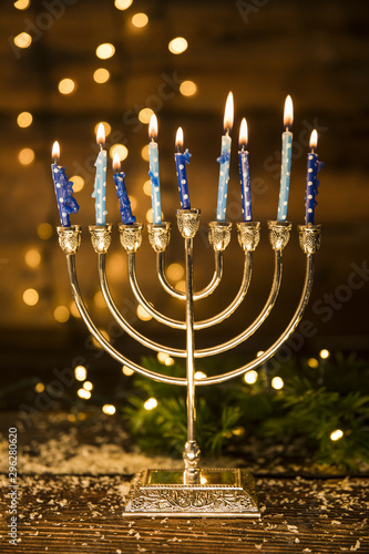 Mehorah with flaming candles