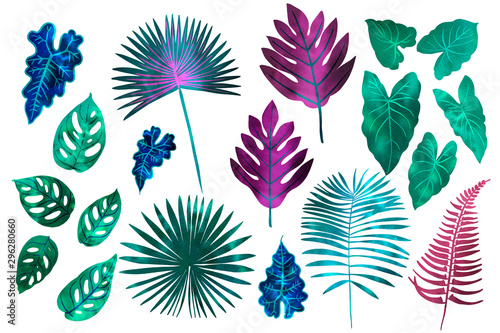 Tropical leaves neon watercolor. Ferns, fitter, fan palm. Bright pink, turquoise, blue, purple colors.