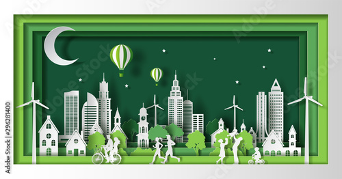 Paper art style of landscape with eco green city, people enjoy activities outdoor, save the planet and energy concept, paper cut and craft style, flat-style vector illustration.