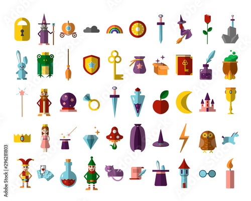 Flat vector set of fabulous magical halloween items. Book, magic ball, wizard hat, bottles with elixirs, castle, cauldrons, personages and animals. Gaming resources