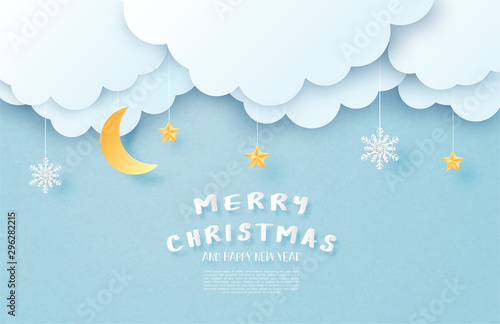 Merry Christmas and Happy new year greeting card in paper cut style. Vector illustration Christmas celebration background with clouds, Moon and snowflakes in sky. Banner, flyer, poster, wallpaper.