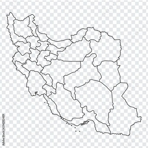 Blank map of Islamic Republic of Iran. High quality map of  Iran with provinces on transparent background for your web site design, logo, app, UI. Stock vector.  EPS10. 