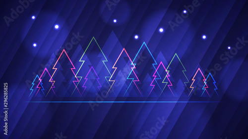 Abstract glowing neon colored Christmas trees over blue background