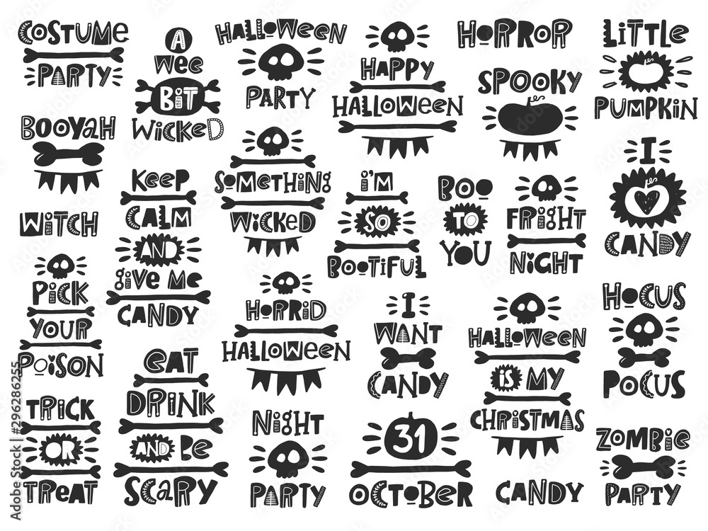 Halloween hand drawn lettering set. Quote sketch typography. Vector inscription slogan. Handwritten calligraphy collection with traditional symbols. Party art design. Sticker, icon, logo, label Halloween hand drawn lettering set. Quote sketch typography. Vector inscription slogan. Handwritten calligraphy collection with traditional symbols. Party art design. Sticker, icon, logo, label
