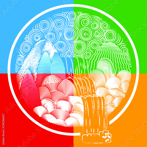 Waterfall landscape drawn in a circle. Landscape drawn by lines and contours. Natural waterfall with mountain stones.