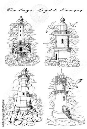 Design set of old medieval lighthouses isolated on white. Graphic engraved illustration in victorian style, nautical marine symbol, vintage background