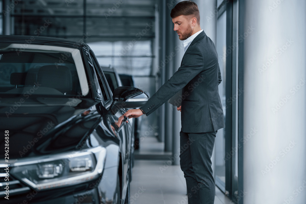 Opening the door. Modern stylish bearded businessman in the automobile saloon Opening the door. Modern stylish bearded businessman in the automobile saloon