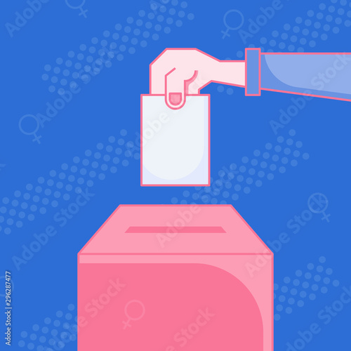 Voting icon concept. Hand putting paper into the ballot box, Women voting flat design