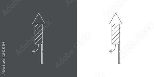 Icono plano lineal cohete de fuego artificial en gris y blanco