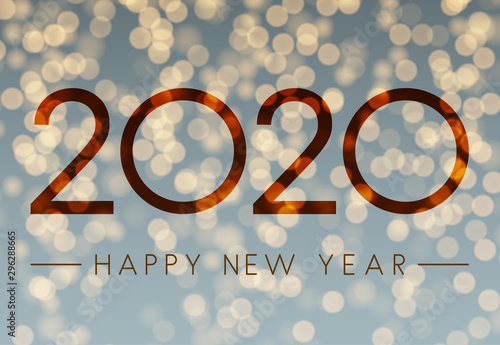 Shiny Happy New Year 2020 card with bokeh background.