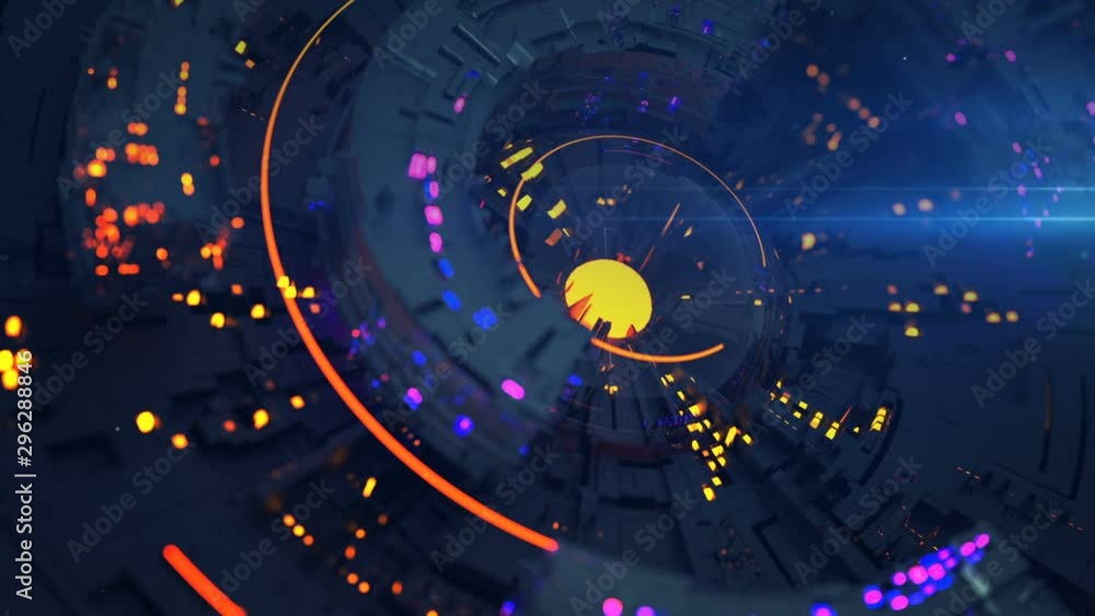 Rotating circle elements. Computer generated abstract motion background. Seamless loop 3D render animation with DOF