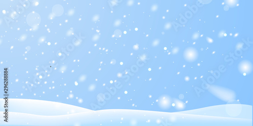 Winter snow background on blue backdrop. Magic white snowfall texture. Vector 3d illustration.