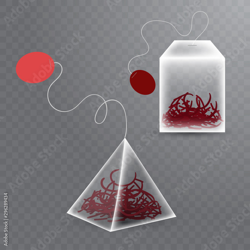 Realistic tea bags of two different forms with red hibiskus tea on transparent background. Vector