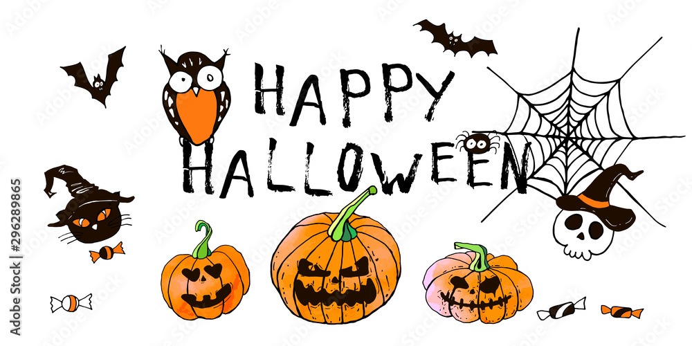 Happy halloween greeting card. Vector stock set. Cute cartoons with BOO lettering. Holiday background. Hand drawn design elements. For postcards, greetings, logo.