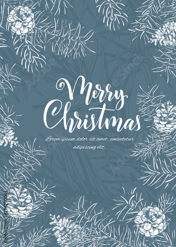 Christmas sketch hand drawn illustration with pine tree branches and cones. Vector illustration for your design.