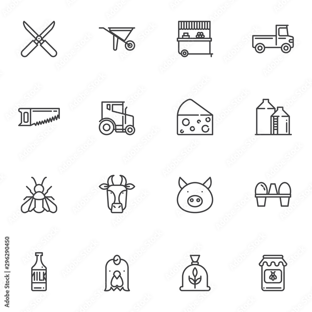 Fototapeta premium Agriculture line icons set. linear style symbols collection, outline signs pack. vector graphics. Set includes icons as wheelbarrow, tractor, truck, milk bottle, cow, pig, chicken egg, scissors, barn