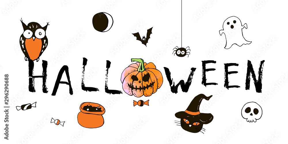 Happy halloween greeting card. Vector stock set. Cute cartoons with BOO lettering. Holiday background. Hand drawn design elements. For postcards, greetings, logo.