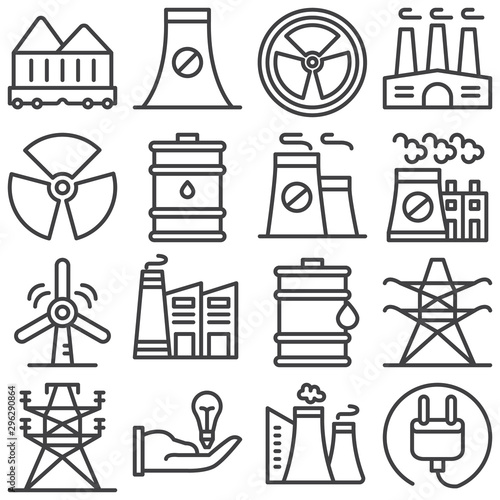 Ecology line icons set. linear style symbols collection outline signs pack. vector graphics. Set includes icons as factory building smog, oil barrel, windmill, eco energy, radiation, electricity tower