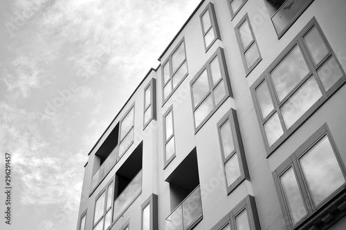 Glass windows of office building. Black and white.