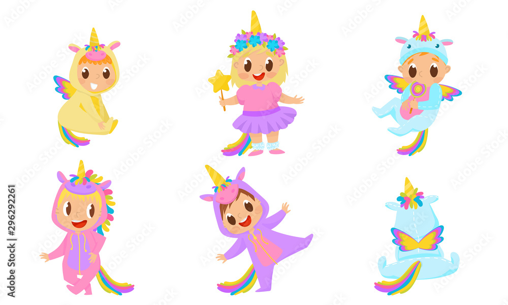 Baby Child Wearing Unicorn Costume And Laughing Vector Illustrations Baby Child Wearing Unicorn Costume And Laughing Vector Illustrations
