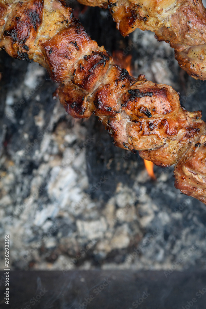Barbecue.Juicy pieces of meat on skewers Barbecue.Juicy pieces of meat on skewers