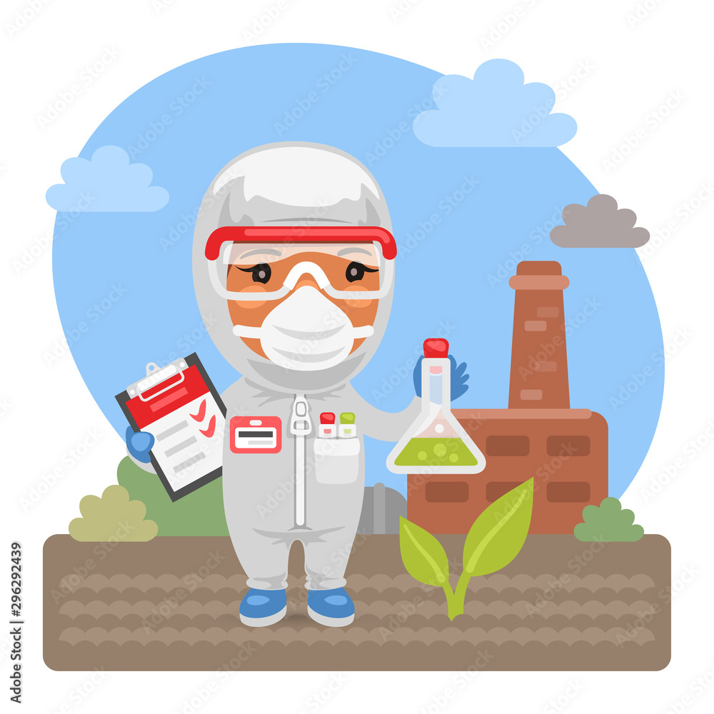 Cartoon environmental scientist measures soil pollution near a factory.  Composition with a professional. Flat character. Stock Vector | Adobe Stock