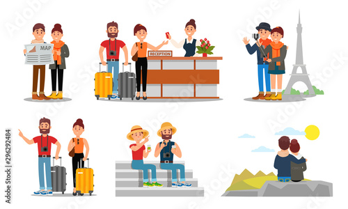 People Characters Travelling Together. Young Man And Woman Having Journey Around Europe Vector Illustration