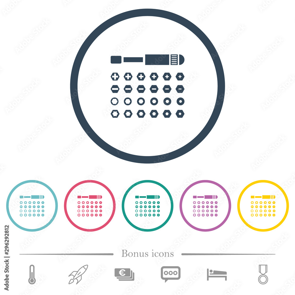 Set of screwdriver bits flat color icons in round outlines Set of screwdriver bits flat color icons in round outlines