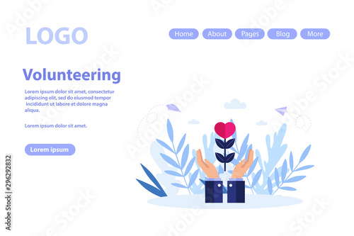 Volunteering and voluntary help concept web page.Flat vector illustration isolated on white background. Can use for web banner, infographics, web page..