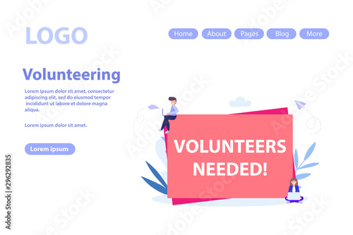 Volunteering and voluntary help concept web page.Flat vector illustration isolated on white background. Can use for web banner, infographics, web page..