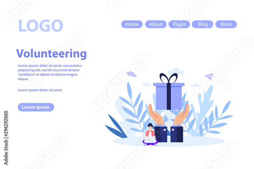 Volunteering and voluntary help concept web page.Flat vector illustration isolated on white background. Can use for web banner, infographics, web page..