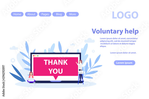 Volunteering and voluntary help concept web page.Flat vector illustration isolated on white background. Can use for web banner, infographics, web page..