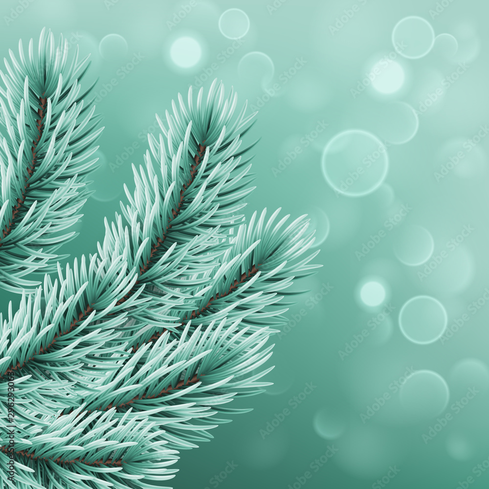 Winter background with realistic Christmas tree branches and bokeh lights. Greeting card or invitation template