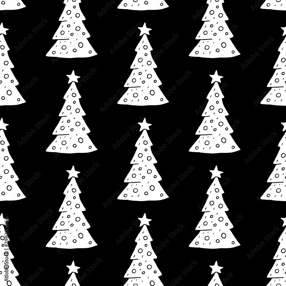 Cute cartoon christmas tree background with hand drawn firs. Sweet