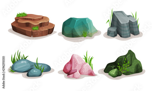 Rock Stones Vector Illustrated Set. Different Shrubs On White Background