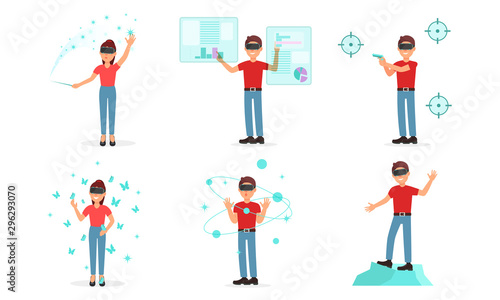 Man And Woman Characters Playing Virtual Game Wearing Gaming Glasses Vector Illustrations