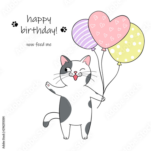 Cute cartoon cat holding balloons. Hand drawn illustration for birthday greeting card