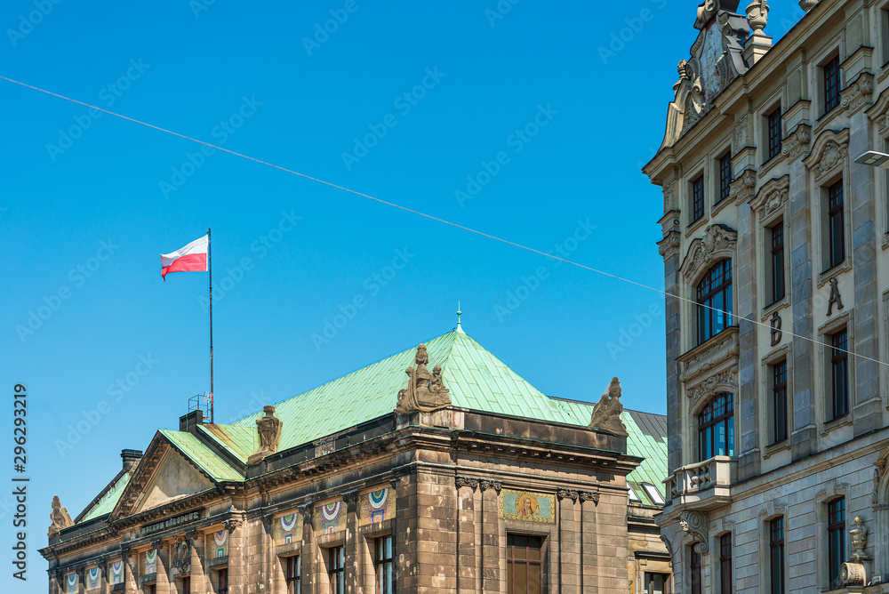 POZNAN, POLAND - September 2, 2019: Polish flag in Old Town Poznan, Poland