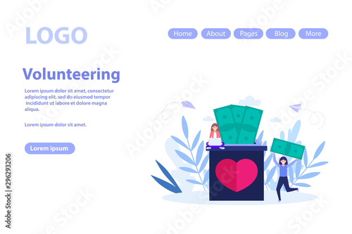 Volunteering and voluntary help concept web page.Flat vector illustration isolated on white background. Can use for web banner, infographics, web page..