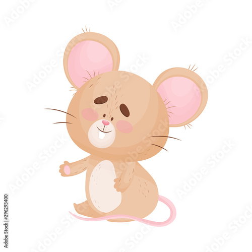 Cartoon mouse sits with arms apart. Vector illustration.