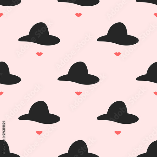 Seamless pattern with repeating silhouettes of women's lips and hats. Repeated feminine print. Simple vector illustration.