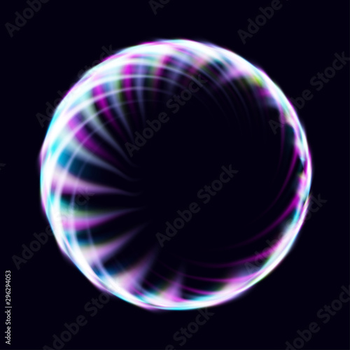 Magic circle light effects. Illustration isolated on dark background. Mystical portal. Bright sphere lens. Rotating lines. Glow ring. Magic neon ball. Vector.